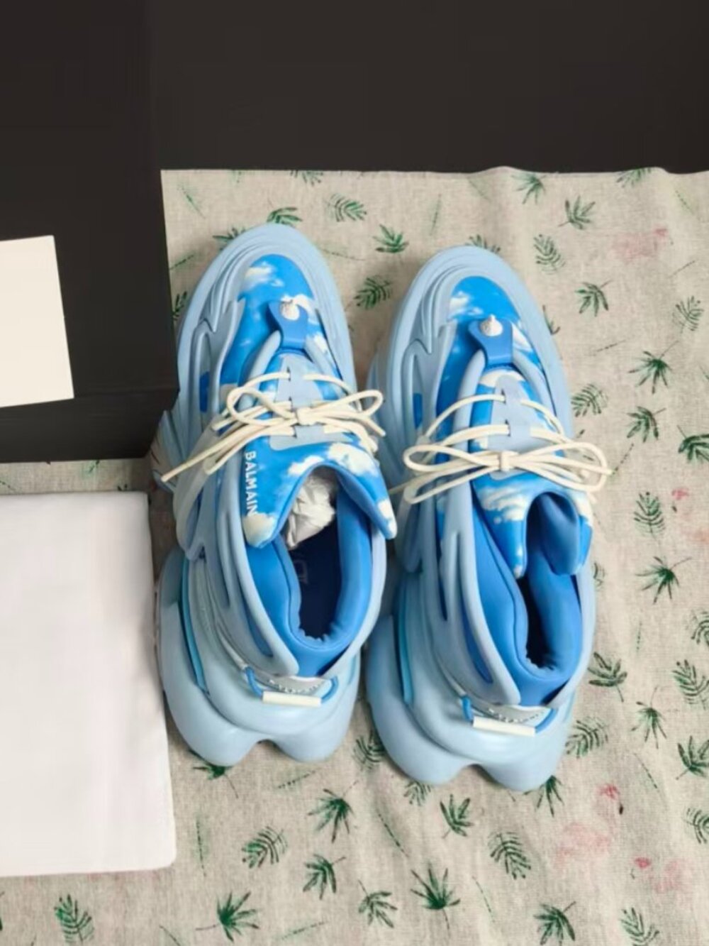 Balmain Sky Cloud Print Unicorn Sneakers Futuristic Blue Platform Shoes Full Set